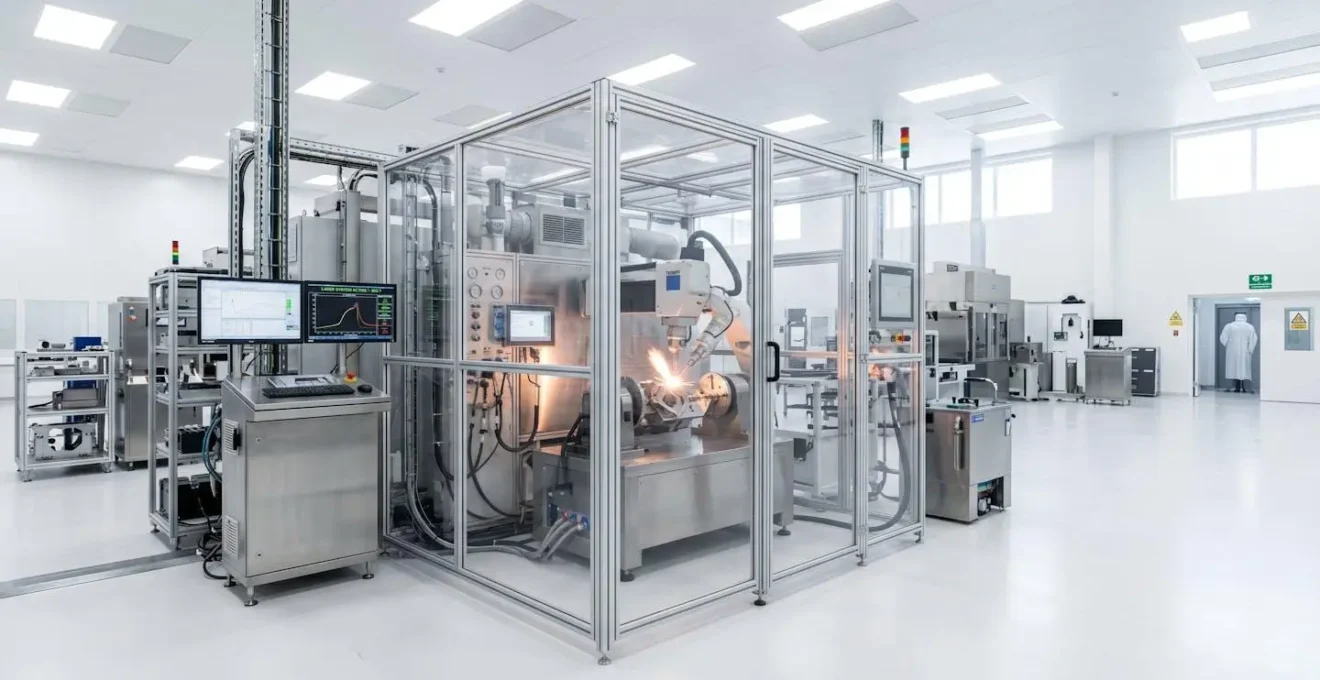 Vue large d'une enceinte de soudage laser sous vide avec hublot transparent dans un atelier industriel moderne et lumineux