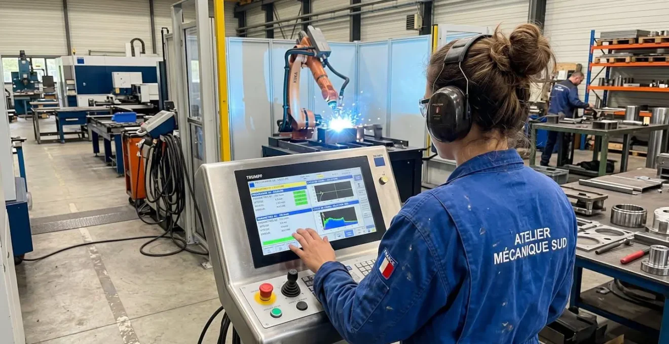 Un opérateur vu de dos devant une machine de soudage laser industrielle en fonctionnement dans un atelier moderne et lumineux