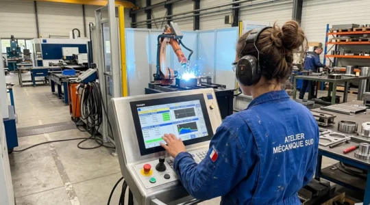 Un opérateur vu de dos devant une machine de soudage laser industrielle en fonctionnement dans un atelier moderne et lumineux