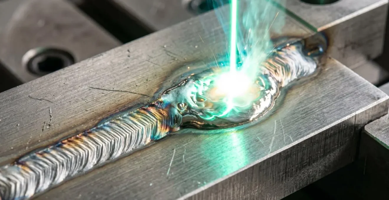 Gros plan sur le point focal d'un faisceau laser en train de souder une pièce métallique avec bain de fusion visible