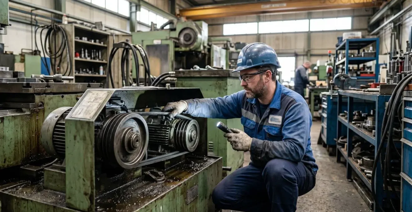 Technicien de maintenance inspectant une courroie trapézoïdale sur une machine industrielle en atelier