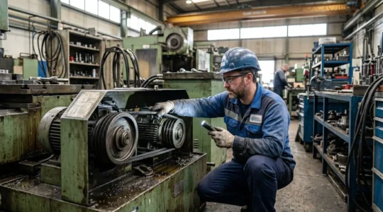 Technicien de maintenance inspectant une courroie trapézoïdale sur une machine industrielle en atelier