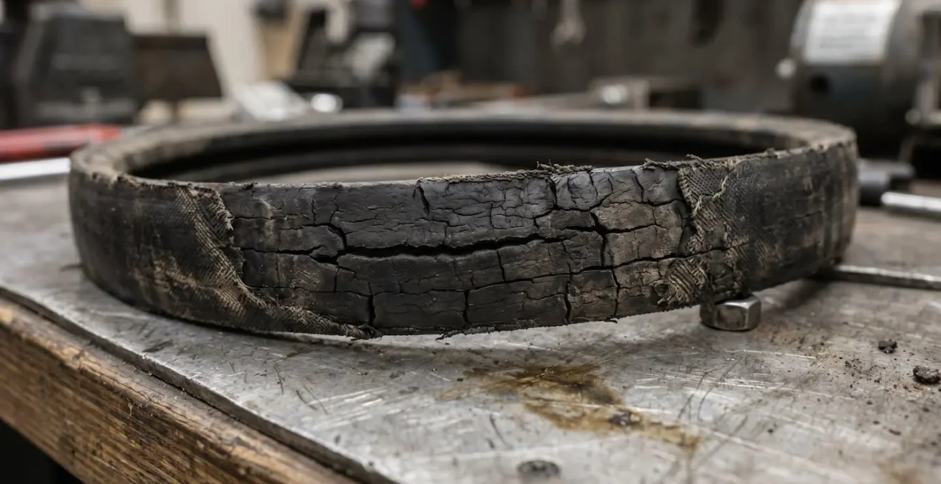 Gros plan sur les flancs d'une courroie trapézoïdale présentant des craquelures typiques d'une dégradation thermique