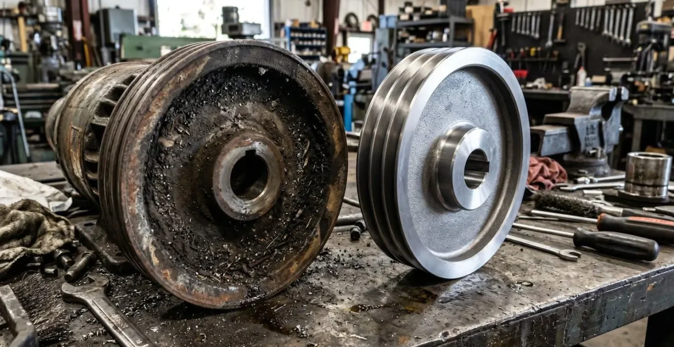 Poulie de transmission industrielle encrassée par des dépôts de poussière abrasive avant opération de nettoyage