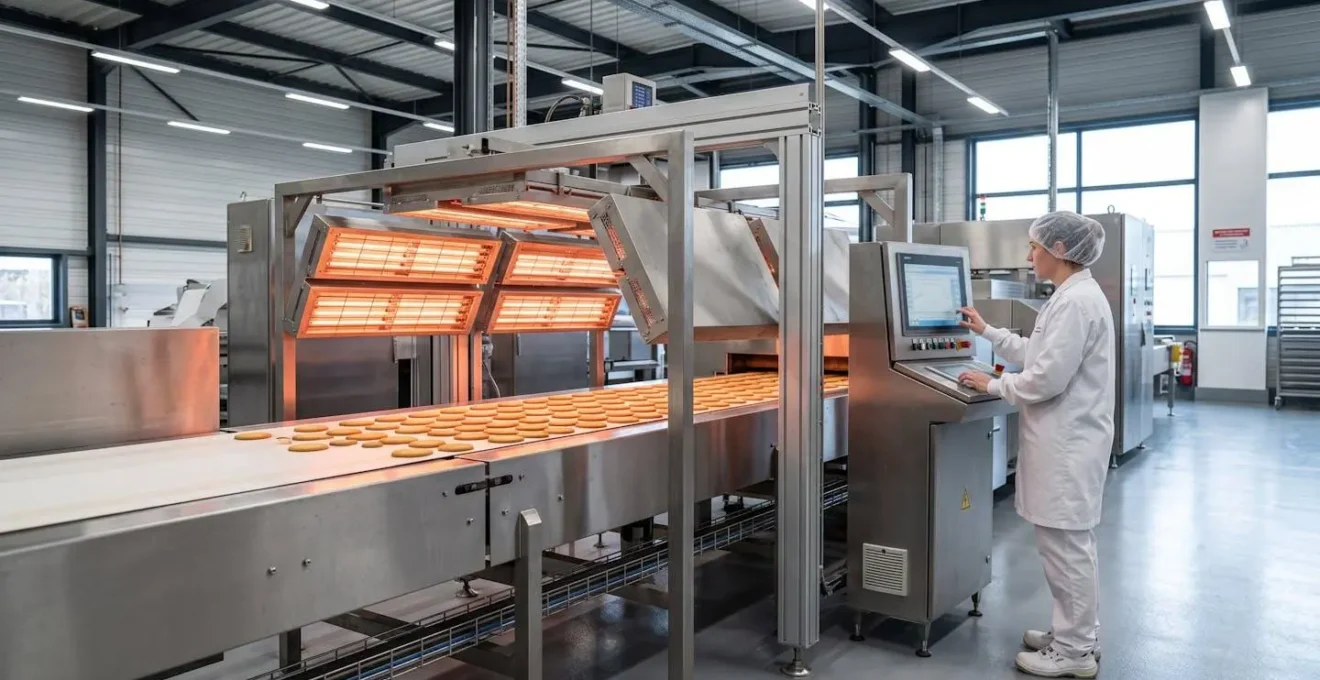 Ligne de production agroalimentaire avec biscuits dorés sur convoyeur sous modules émetteurs infrarouges rougeoyants montés en portique, opératrice en tenue hygiène contrôlant paramètres thermiques sur pupitre numérique dans usine moderne française