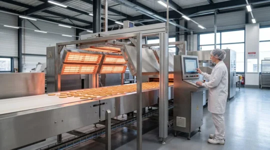 Ligne de production agroalimentaire avec biscuits dorés sur convoyeur sous modules émetteurs infrarouges rougeoyants montés en portique, opératrice en tenue hygiène contrôlant paramètres thermiques sur pupitre numérique dans usine moderne française