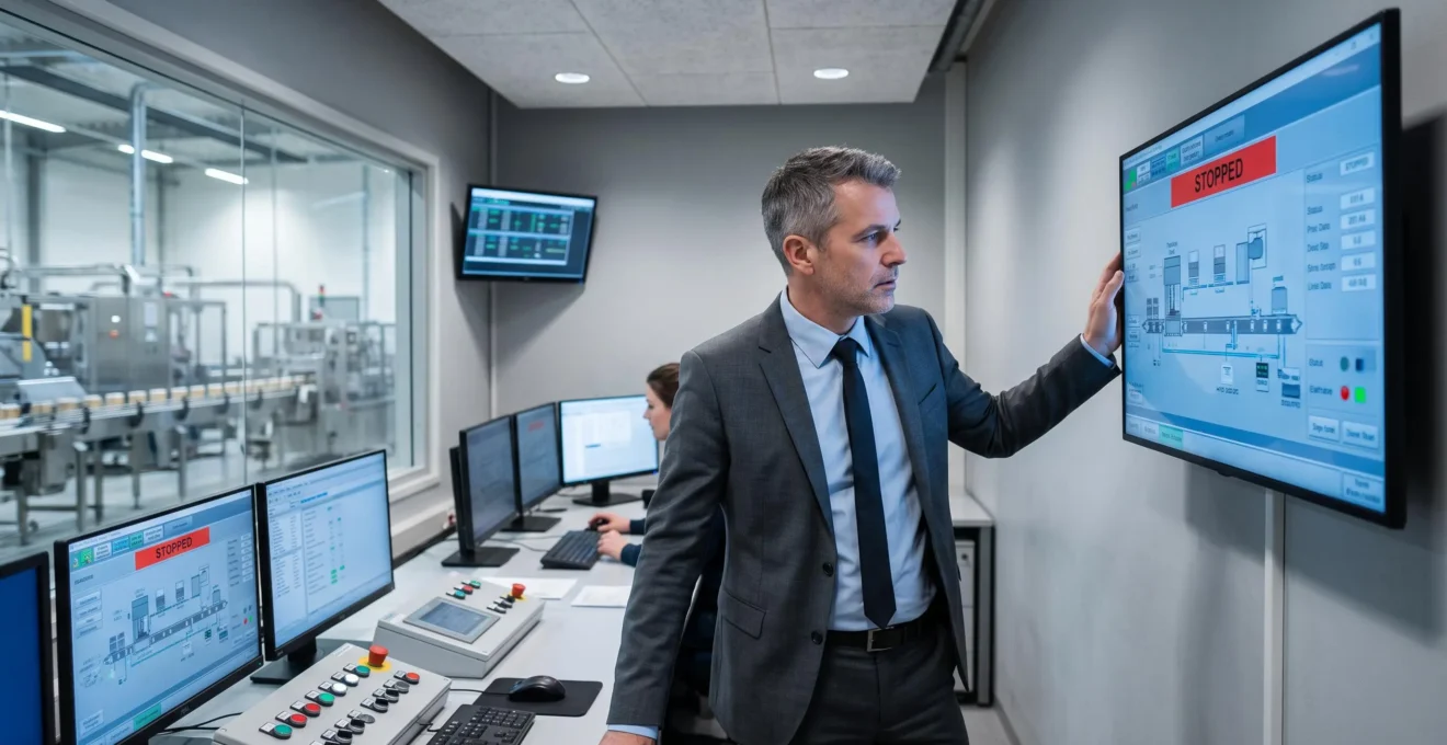 Responsable de production consultant les écrans de contrôle dans une salle de pilotage industrielle moderne pour surveiller l'état d'une ligne d'emballage