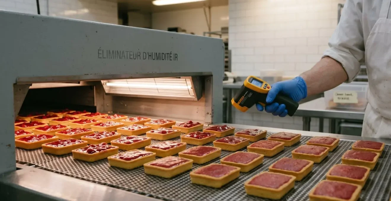 Tartelettes nappage fruit rouge sur convoyeur grille métallique sous émetteurs infrarouges ondes longues, transformation progressive du nappage de liquide brillant à gélifié mat, mesure température par thermomètre IR tenu main gantée bleue