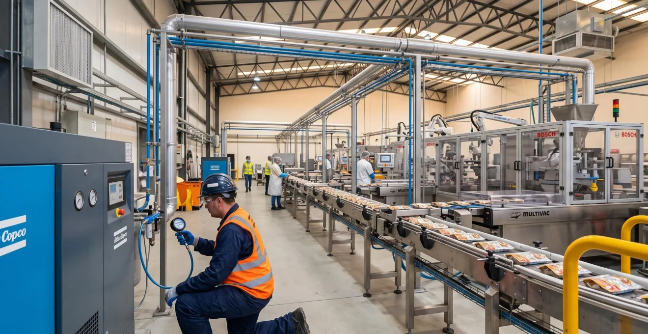 Technicien en combinaison de sécurité vérifiant un compresseur d'air industriel dans une usine d'emballage agroalimentaire moderne, avec ligne de production et circuits pneumatiques visibles en arrière-plan