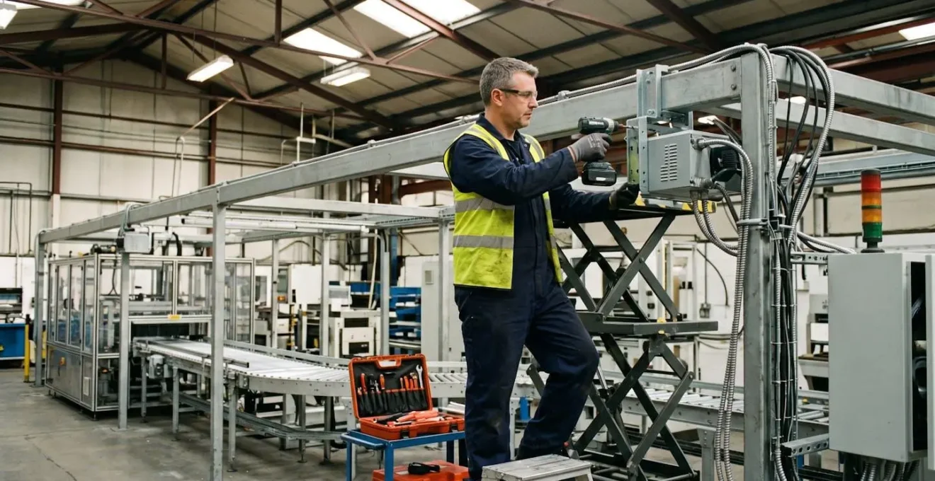 Technicien en tenue travail bleu et gilet jaune haute visibilité sur nacelle mobile installant module émetteur infrarouge IRM sur portique métallique ligne production agroalimentaire, utilisant visseuse sans fil avec câbles techniques en cours de raccordement