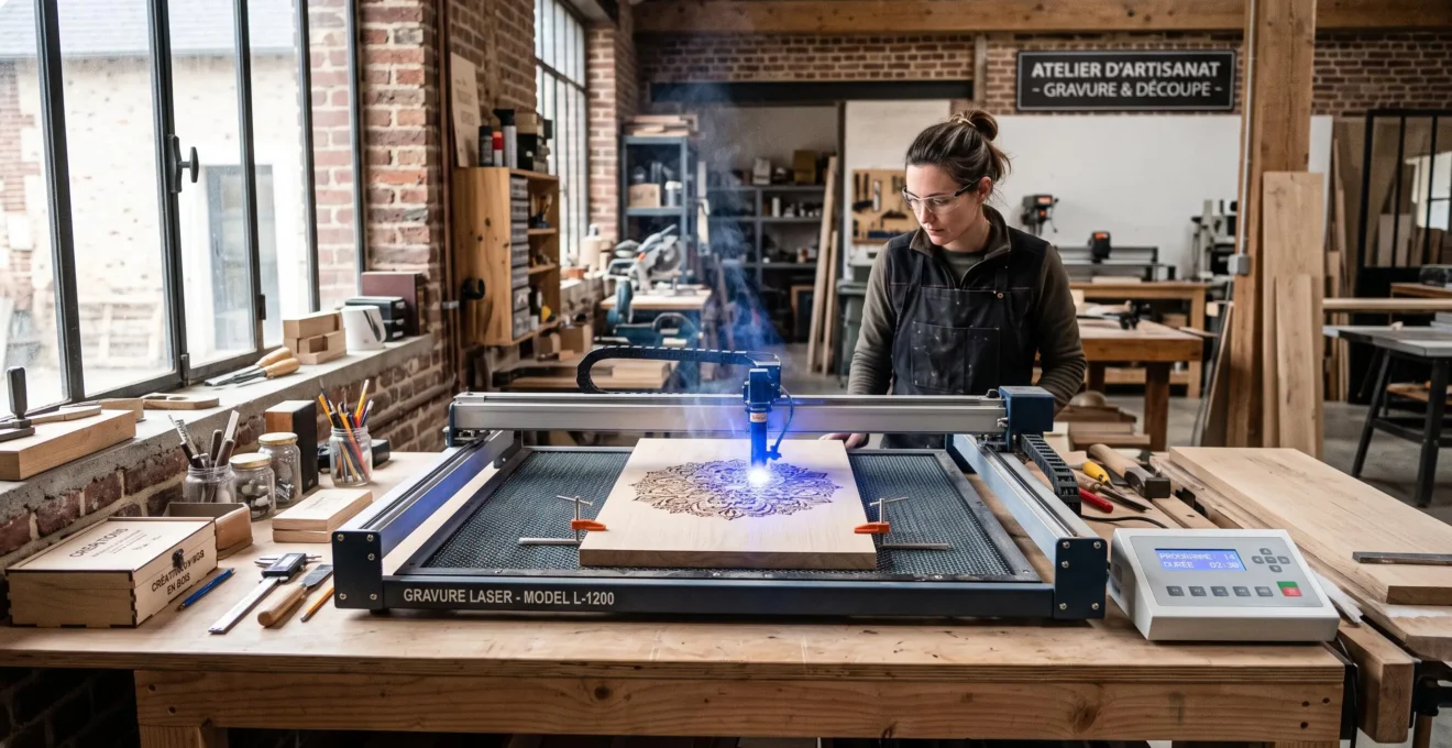 Machine gravure laser CO2 en fonctionnement dans atelier artisan, faisceau lumineux travaillant planche bois clair sur établi, fumée légère, outils organisés, lumière naturelle industrielle