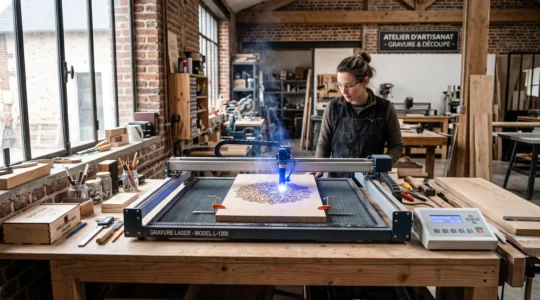 Machine gravure laser CO2 en fonctionnement dans atelier artisan, faisceau lumineux travaillant planche bois clair sur établi, fumée légère, outils organisés, lumière naturelle industrielle