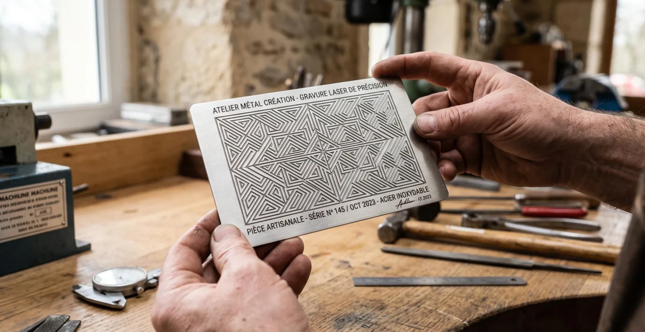 Mains artisan tenant plaque acier inoxydable gravée au laser avec motif géométrique complexe et texte fin nets, établi bois en arrière-plan, lumière révélant précision détails